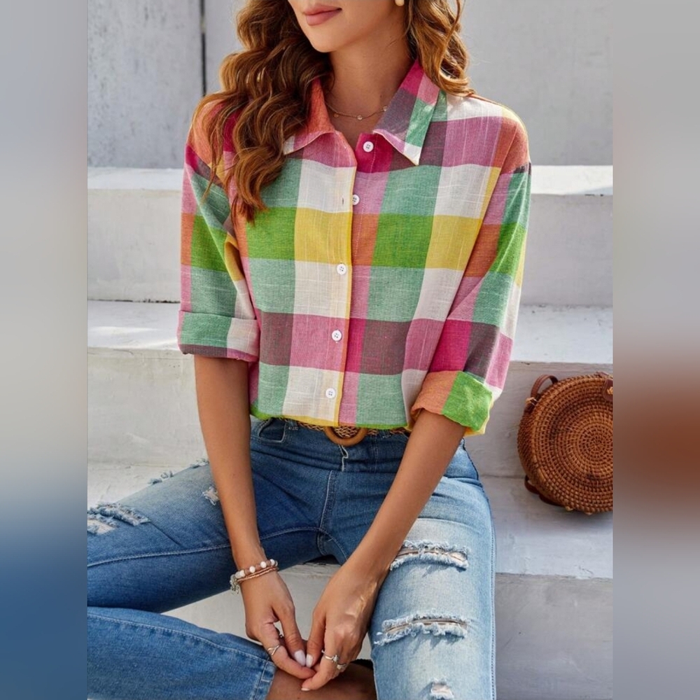 SHEIN Pink and Yellow 3/4 Sleeve Button Down Shirt